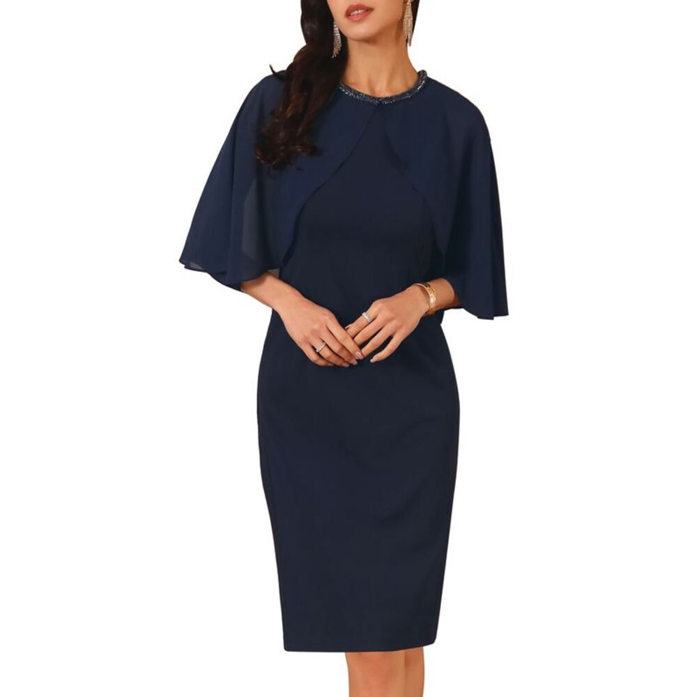 Wedding Guest Beaded Crewneck Cocktail Chiffon Cape Dress Navy Blue